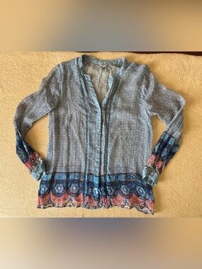 Lucky Brand Light Blue Printed Button-Front Blouse with Multi-Color Hem